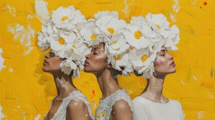 Capture the essence of femininity springtime growth and liberation with this contemporary art collage portraying women adorned with white flower crowns set against a vibrant yellow backdrop 