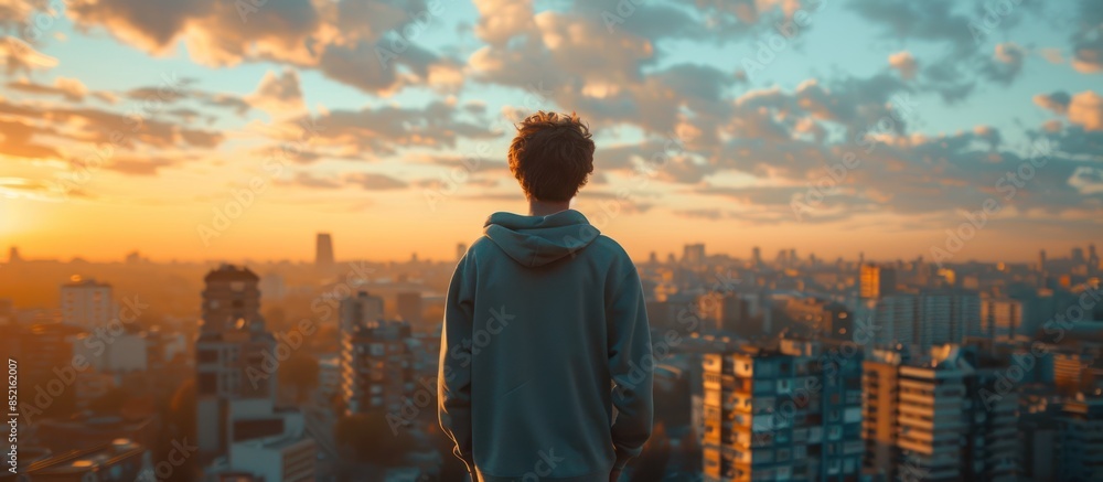 Wall mural Back view of a man wearing sweatshirt standing on a high place with sky and city blurred background AI generated