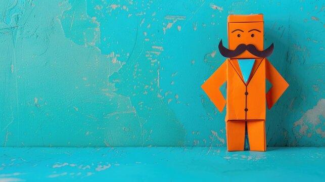 A paper man doll sporting a moustache was creatively crafted from orange cardboard against a vibrant blue backdrop designed as a playful prank for Innocents Day a celebration similar to Apri