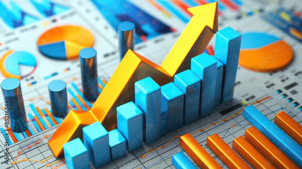 Poster development graphs: surround the arrow with various types of graphs and charts showing upward trends