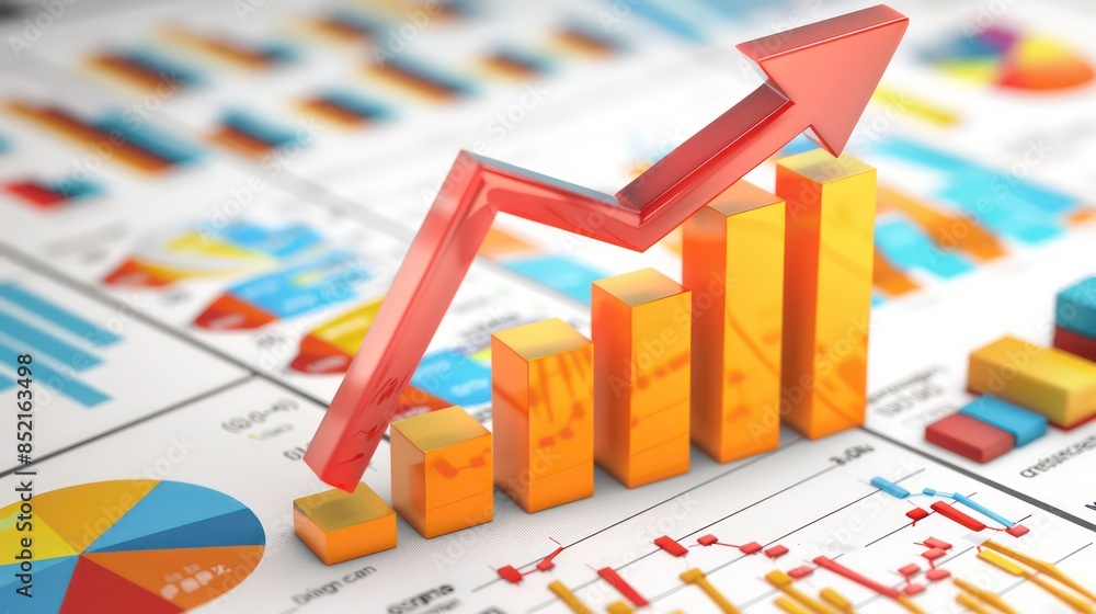 Poster development graphs: surround the arrow with various types of graphs and charts showing upward trends