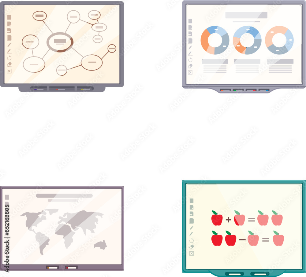 Poster illustration of four computer monitors displaying various infographic designs including charts, grap