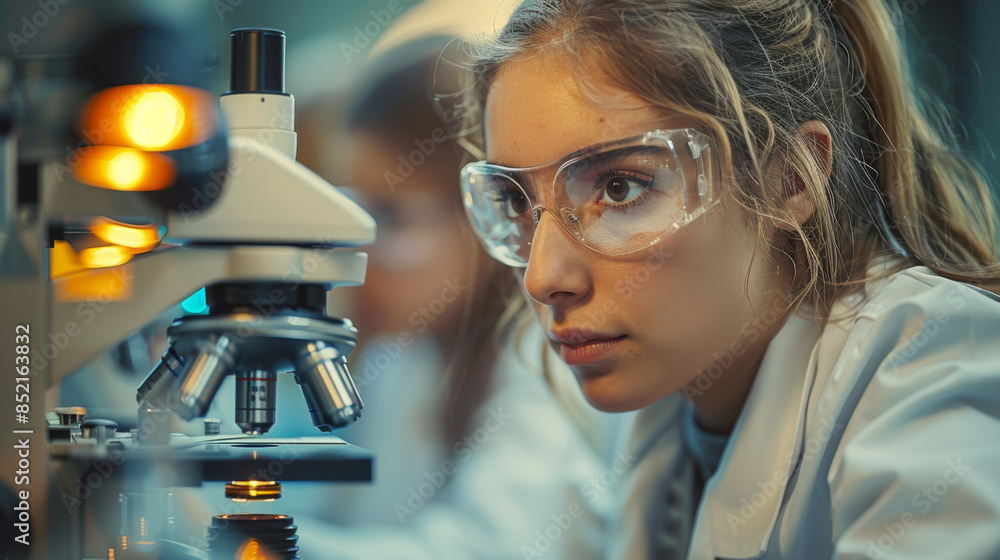 Aufkleber group of college students performing experiment using microscope in science lab. university focused 