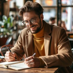 Obraz premium Focused Poet Writing Notes in a Cafe