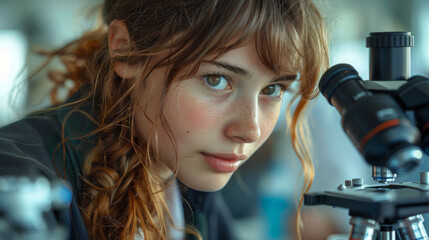 Group of college students performing experiment using microscope in science lab. University focused student looking through microscope in biology class. High school girl examine samples during lecture