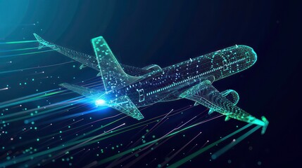 Delivery plane flying, blue and green thin technology lines on it. Generative AI