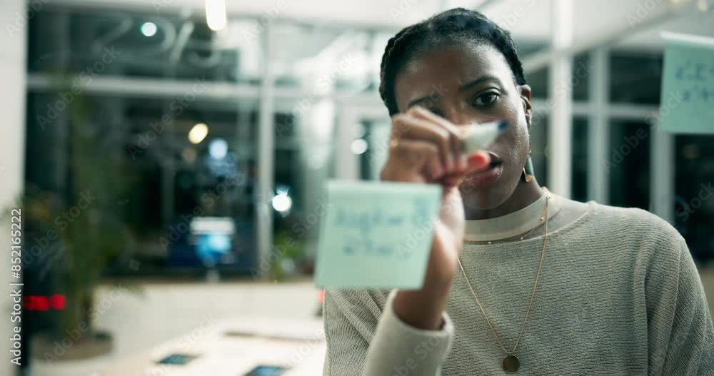 Poster glass, board and woman with sticky note in office for analysis, planning and review of company agend