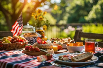 Summertime outdoor breakfast with American flag