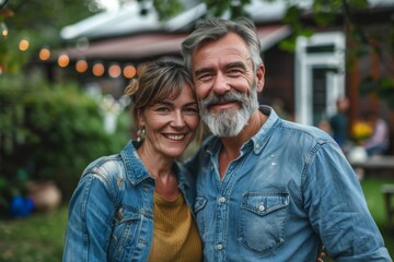 Portrait of a middle aged white couple in home backyard during family gathering