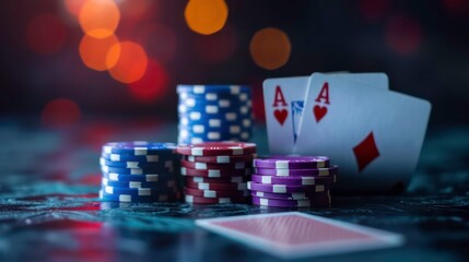 Obraz premium Close up shot of four aces and colorful stacks of chips on a dark background ideal for adding your text or images Represents gambling poker and casino themes