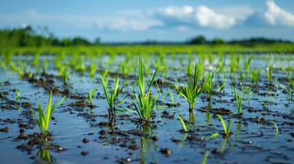 Young rice plants growing in a flooded field