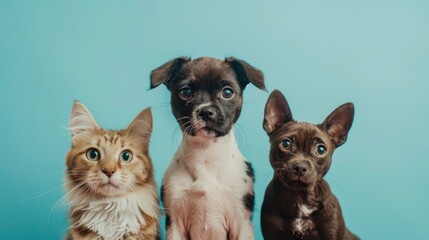 Pets posing on blue background