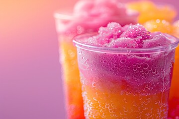 Colorful slushie drink in plastic cup on gradient pink background with copy space. Multicolored frozen juice cocktail Slush. Summer tropical crushed ice beverage. Take away food. Closeup