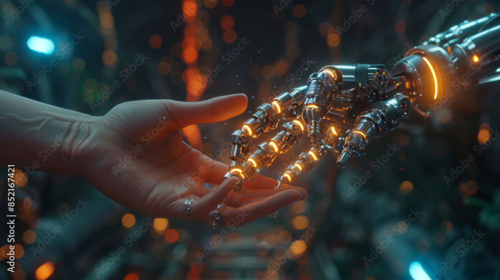 Aufkleber hands of robot and human touching on dna connecting in virtual interface on future, science and inno