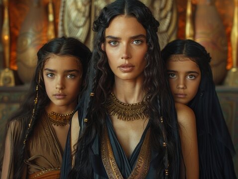 Nefertiti with her daughters, showcasing her role as a mother, with the young princesses depicted in a natural, affectionate family setting