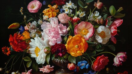 Photograph of a classic still life painting featuring a bouquet of flowers, their petals rendered in exquisite detail against a clear background. © Varunee