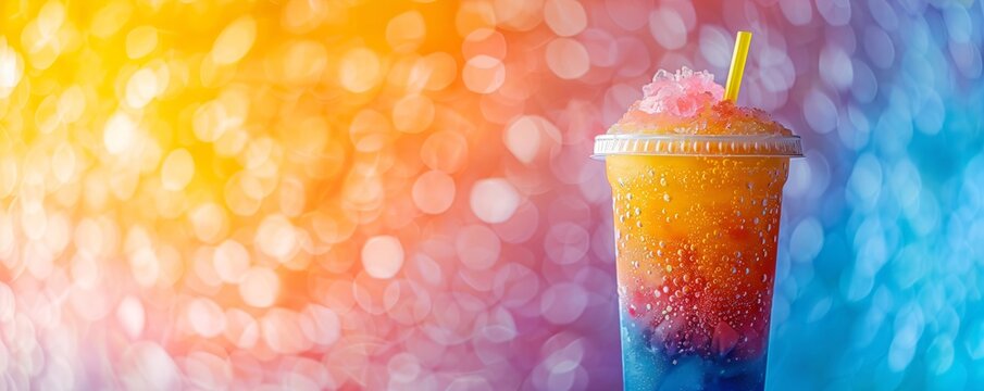 Colorful rainbow slushie drink in plastic cup on gradient background with bokeh. Multicolored frozen juice cocktail Slush. Summer tropical crushed ice beverage. Banner with copy space