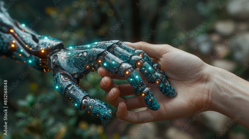 Poster hands of robot and human touching on dna connecting in virtual interface on future, science and inno