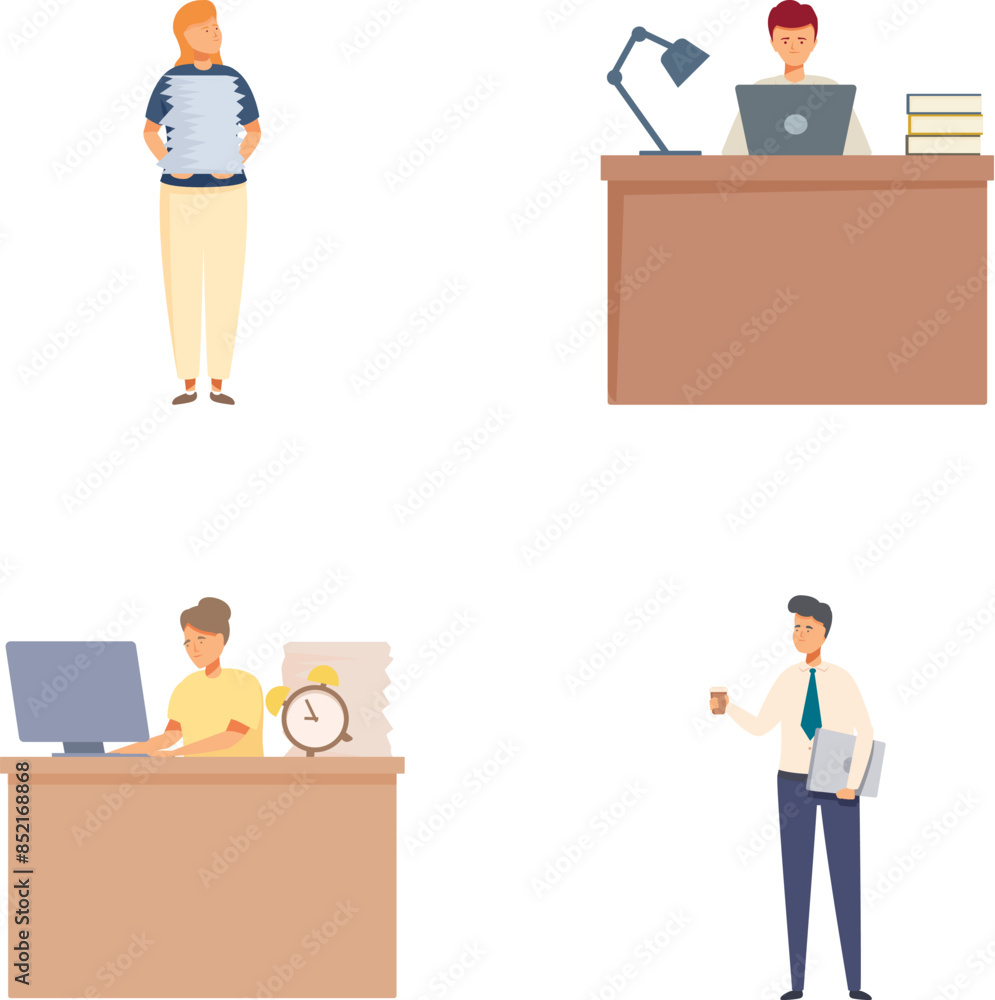 Aufkleber illustration of diverse professionals in various work environments, using computers and managing doc