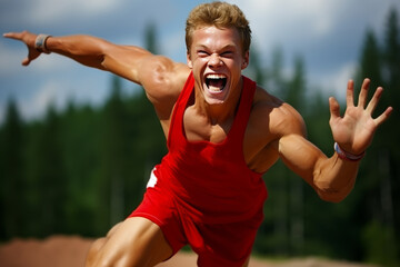 A triumphant young male athlete with blond hair and blue eyes is crossing the finish line with his arms raised in victory. He exudes joy and confidence. Isolated on a light blue background