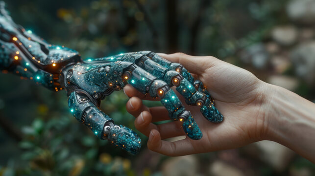 Hands of robot and human touching on DNA connecting in virtual interface on future, Science and innovation, Artificial intelligence technology concept