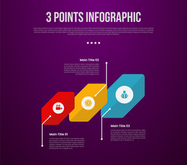 3 points or step process infographic with creative rotated hexagon with line pointing direction with modern dark style for slide presentation