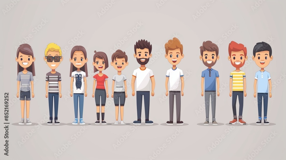 Wall mural Diverse group of young men and women in casual clothing with various hairstyles and ethnicities. Smiling and looking at the camera in a modern setting. Great for marketing