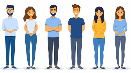 Fototapeta premium Diverse group of six young people, three women and three men, smiling and standing together on white background in casual clothing, various ethnicities, united and happy