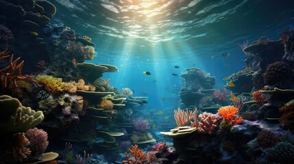 Photograph of an underwater view of a vibrant coral reef teeming with marine life, with sunlight filtering through the water creating a mesmerizing interplay of light and shadow