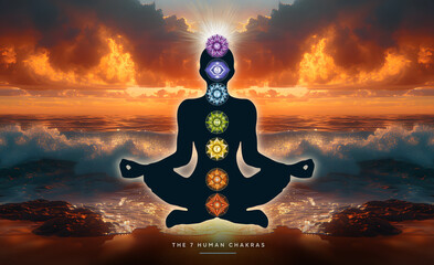 Human silhouette in yoga, lotus pose with 7 Chakras, mystical sunset by the sea. Peaceful poster for meditation and chakra energy healing.