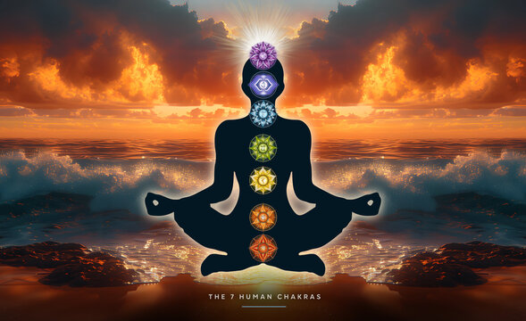 Human silhouette in yoga, lotus pose with 7 Chakras, mystical sunset by the sea. Peaceful poster for meditation and chakra energy healing.