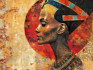 Profile view of a Egyptian queen against a textured, ancient-looking background.