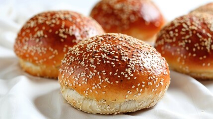 Homemade sesame seed buns with a delightful scent on a plain white backdrop