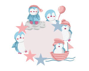 Cute Penguin Bird Watercolor Wreath