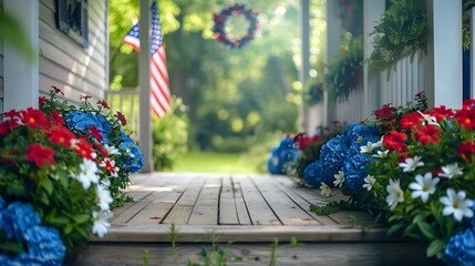 Patriotic decor highlighting front porch entrance on blurred background with copy space. Independence Day USA July 4
