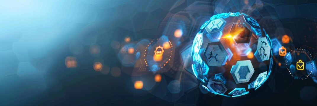 Education background. E-learning. Innovative online education technology concept. Webinar, teaching, online training courses. Skill development. Abstract 3D sphere with surface of hexagons with icons