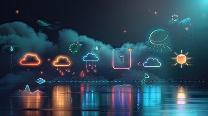 The holographic weather forecast concludes with a visualization of the next 1 week. It features a set of holographic icons representing various weather conditions.view realistic daylight