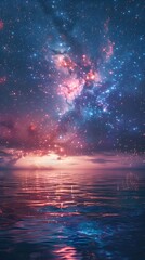 Naklejka premium Fireworks in night sky above water, celebration of usa independence day, 4th of July. Red, blue, white American national flag, festive holiday of freedom, patriotic event, party