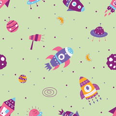 Seamless pattern of rocket on them space illustration
