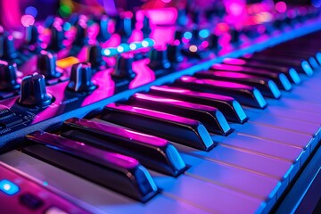 Obraz premium A close-up shot of a synthesizer keyboard illuminated by pink and blue lights, showcasing the keys and control knobs