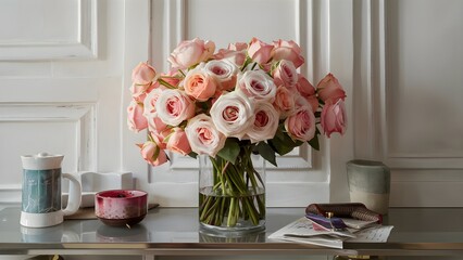 Savor the fragrance of a fresh rose bouquet adorning a stylish interior.
