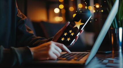 Customer satisfaction service concept. Businessman rate 5-star satisfaction on online application. satisfaction feedback review, good quality most. Business background