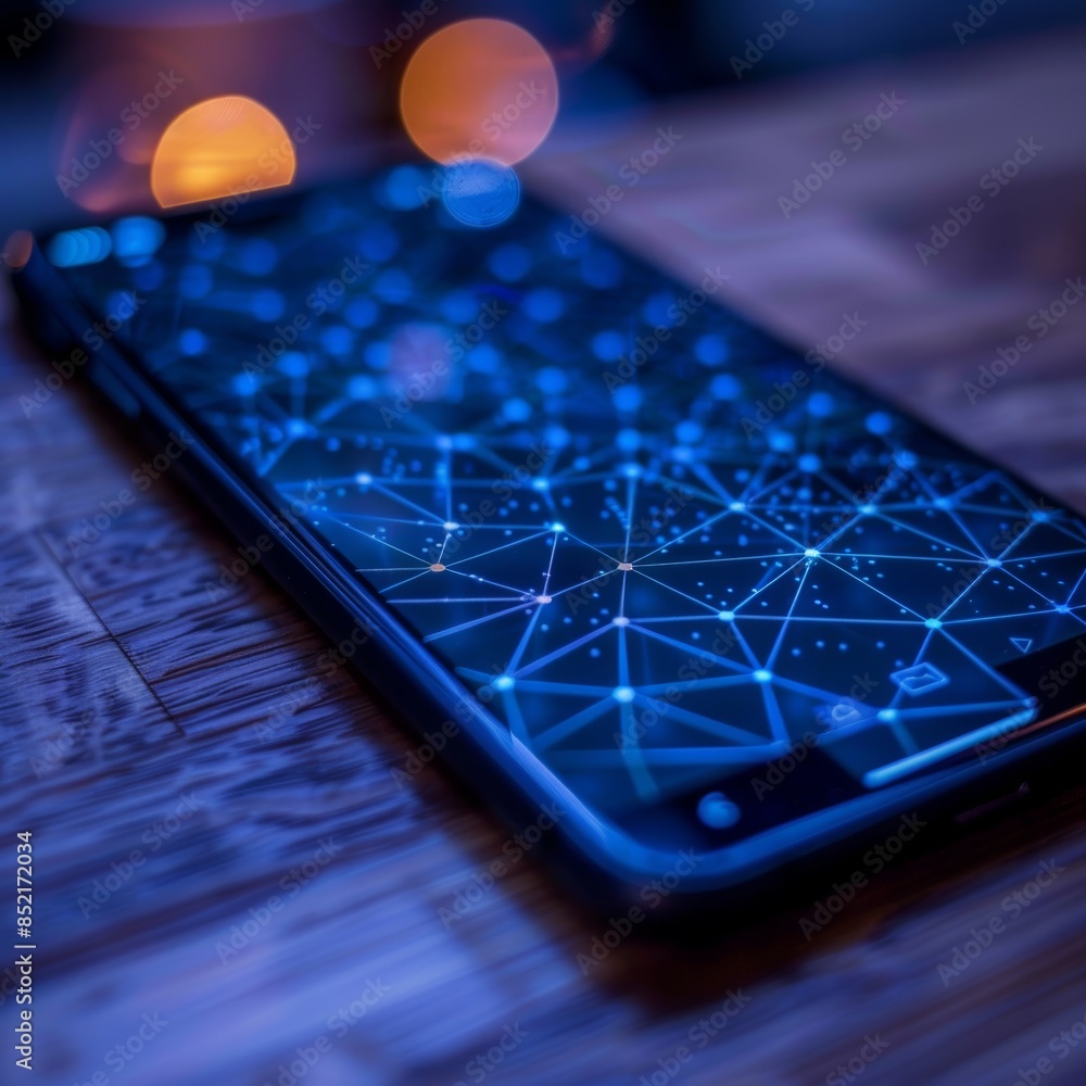 Poster abstract image of a smartphone with a blue glowing network structure on the screen. the network stru