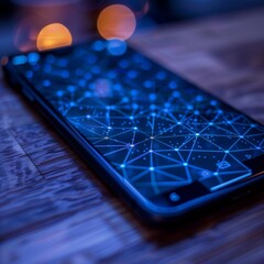 Fototapeta premium Abstract image of a smartphone with a blue glowing network structure on the screen. The network structure is made up of multiple nodes and connections, representing a complex system or network