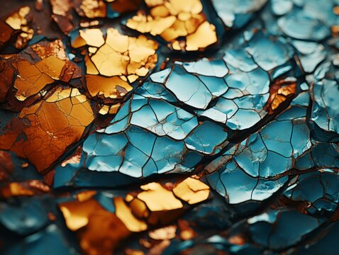 a close up of a blue and gold crackled surface