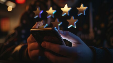 Customer satisfaction service concept. Businessman rate 5-star satisfaction on online application. satisfaction feedback review, good quality most. Business background