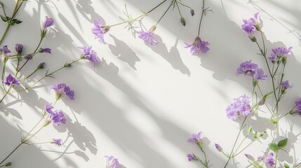 Subtle pastel purple wildflowers on white backdrop with soft shadows viewed from the top