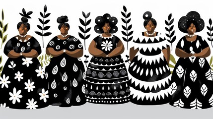 Five elegant black women in evening gowns with intricate patterns and floral accents stand in a row against a white background, perfect for fashion editorials and event invitations
