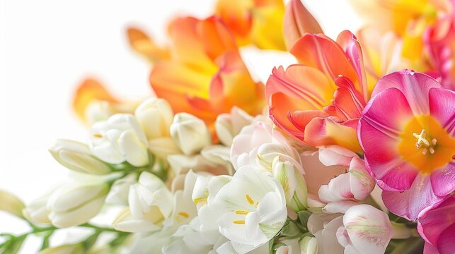 Tulips and freesias in close up isolated on a white background