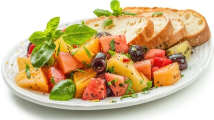 Fruit salad served with bread on a white background